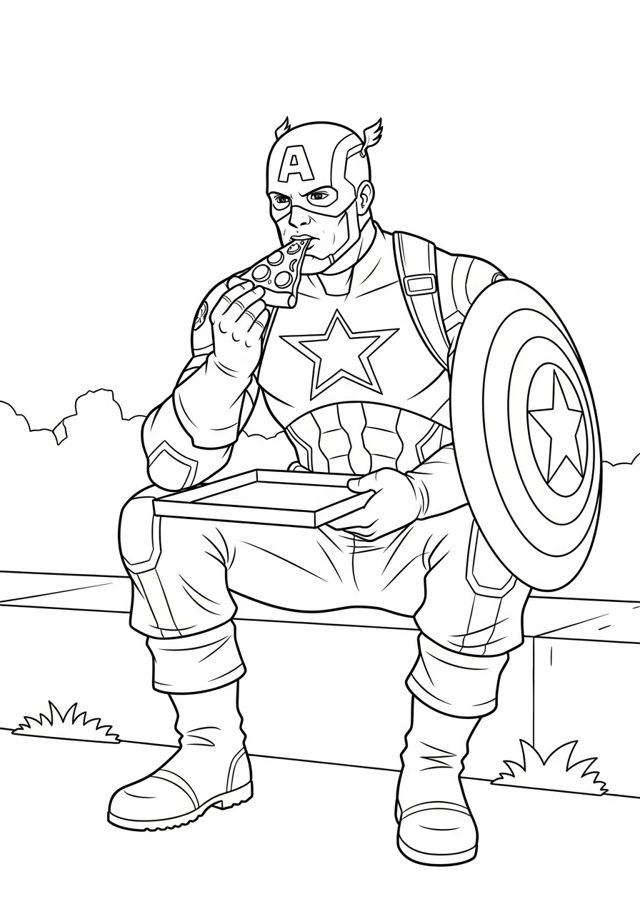 Captain America Coloring Pages 22 Funny Captain America eating pizza coloring page