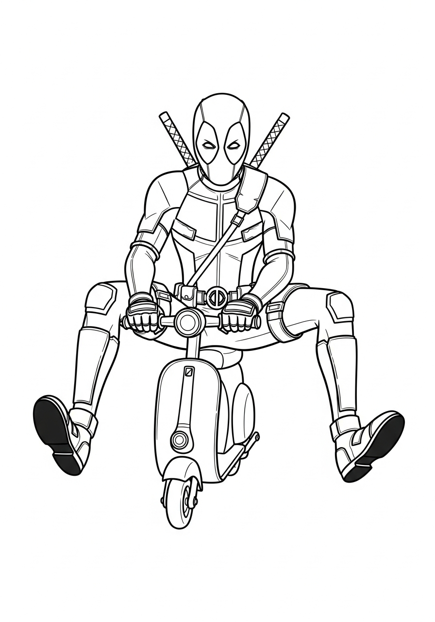 Deadpool Coloring Pages 33 Funny Deadpool riding small scooter coloring page