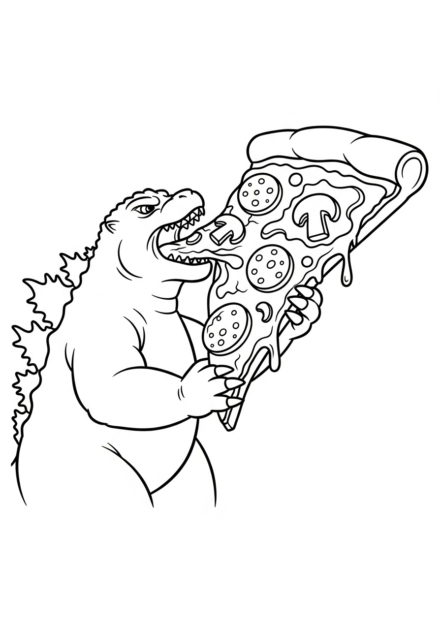 Funny Godzilla eating giant pizza coloring page