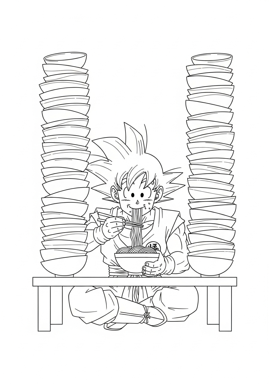 Funny Goku eating noodle bowls coloring page