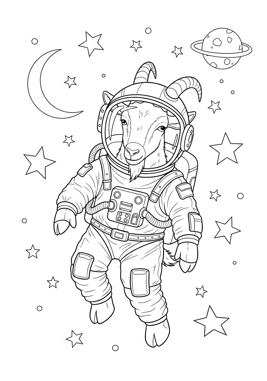 Funny astronaut goat in space coloring page