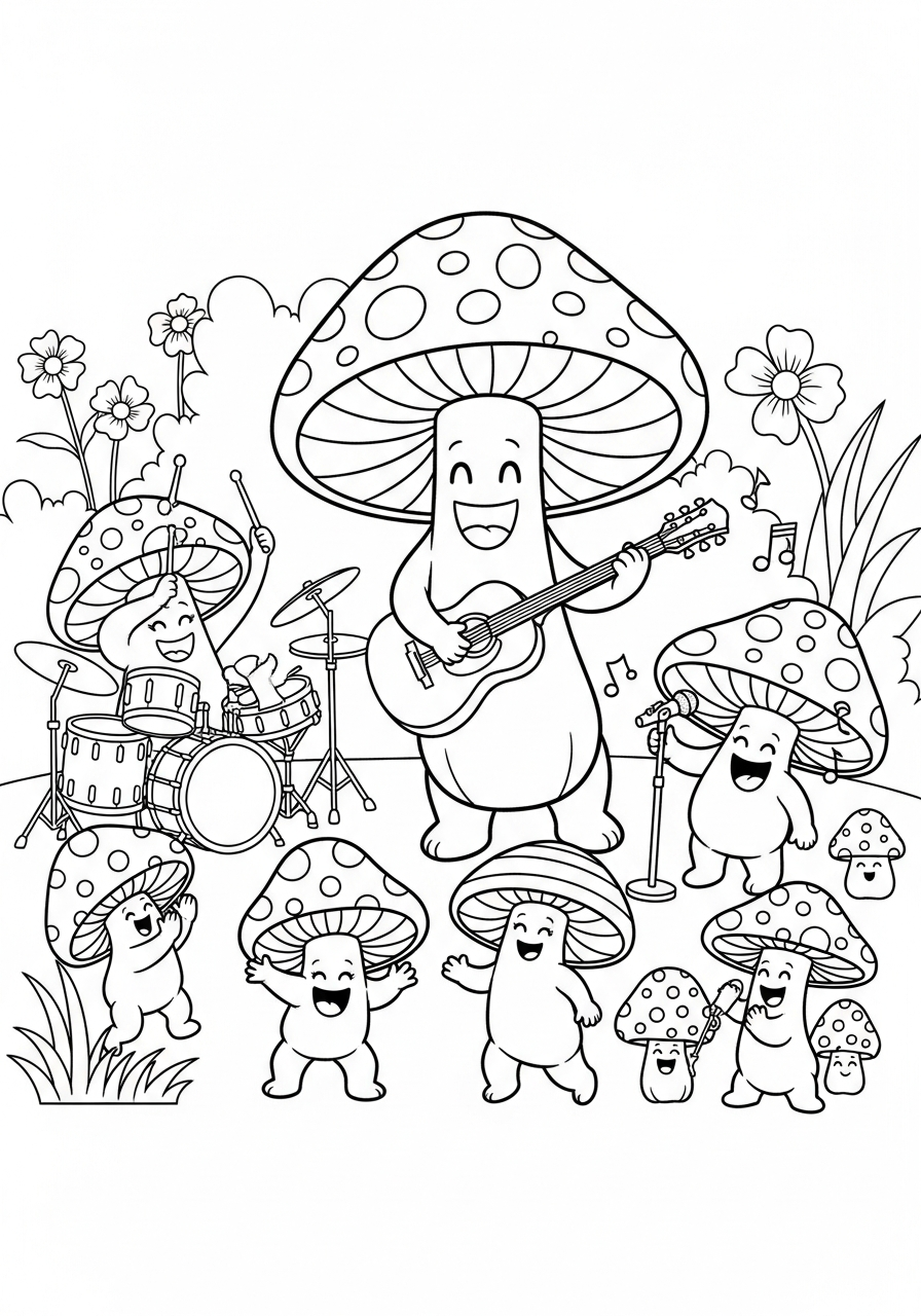 Mushroom Coloring Pages 14 Funny mushroom band playing musical instruments coloring page