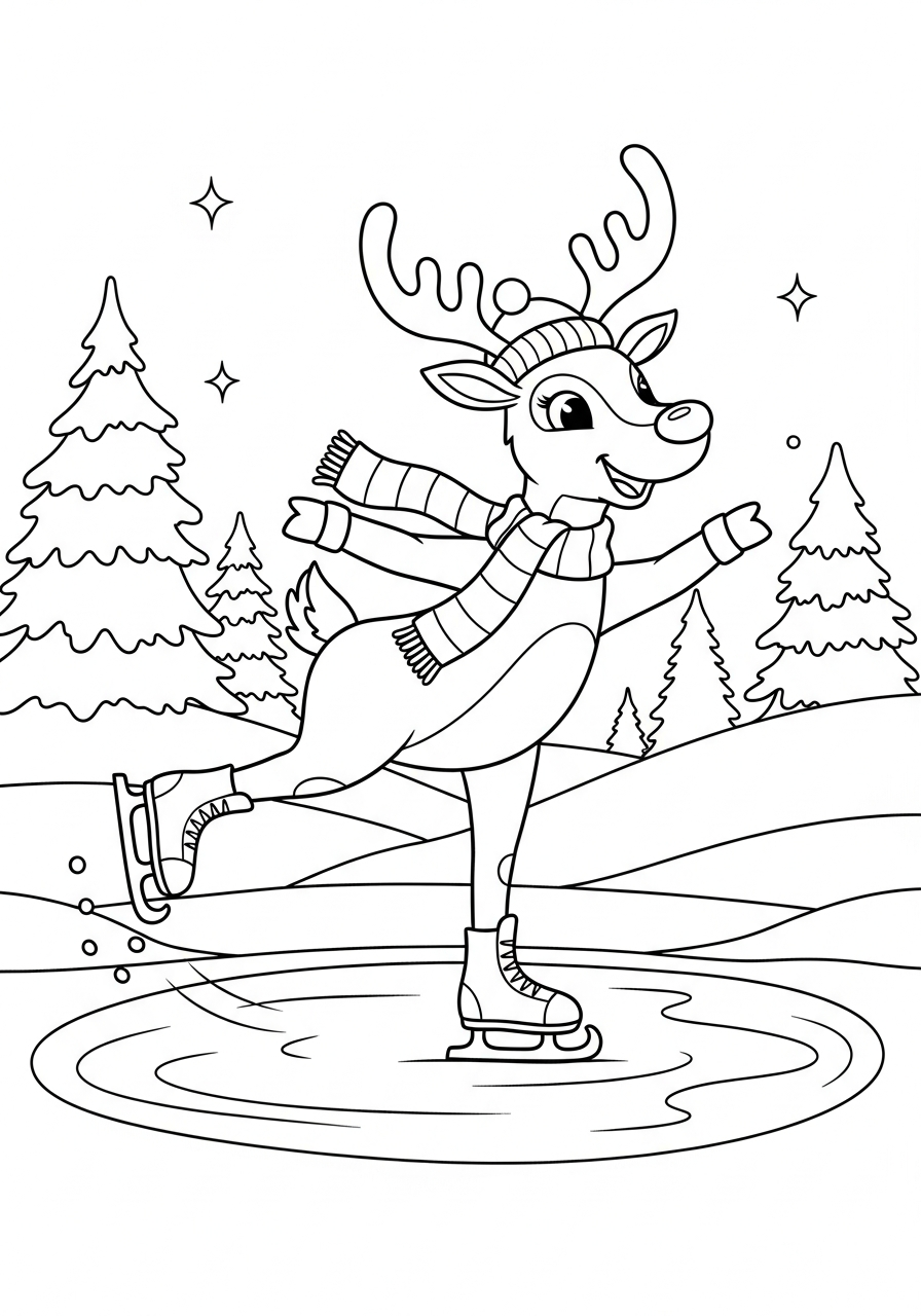 Reindeer Coloring Pages 7 Funny reindeer ice skating on pond coloring page