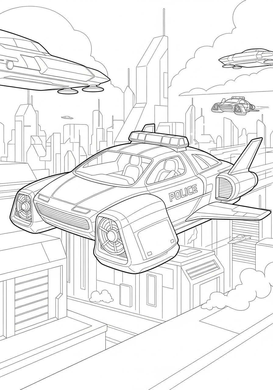 Police Car Coloring Pages 17 Futuristic flying sci-fi police car coloring page