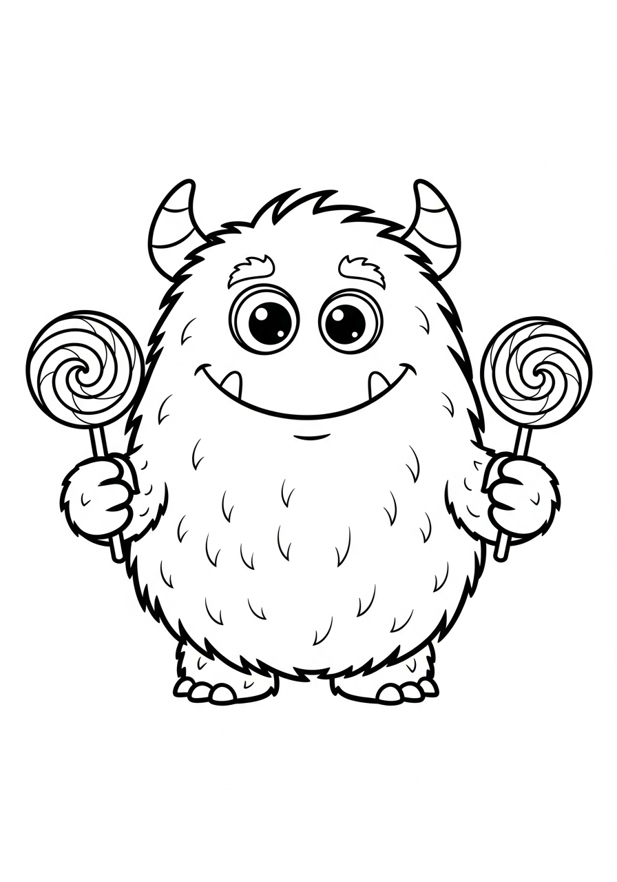 Lollipop Coloring Pages 16 Fuzzy monster holding two lollipops coloring page