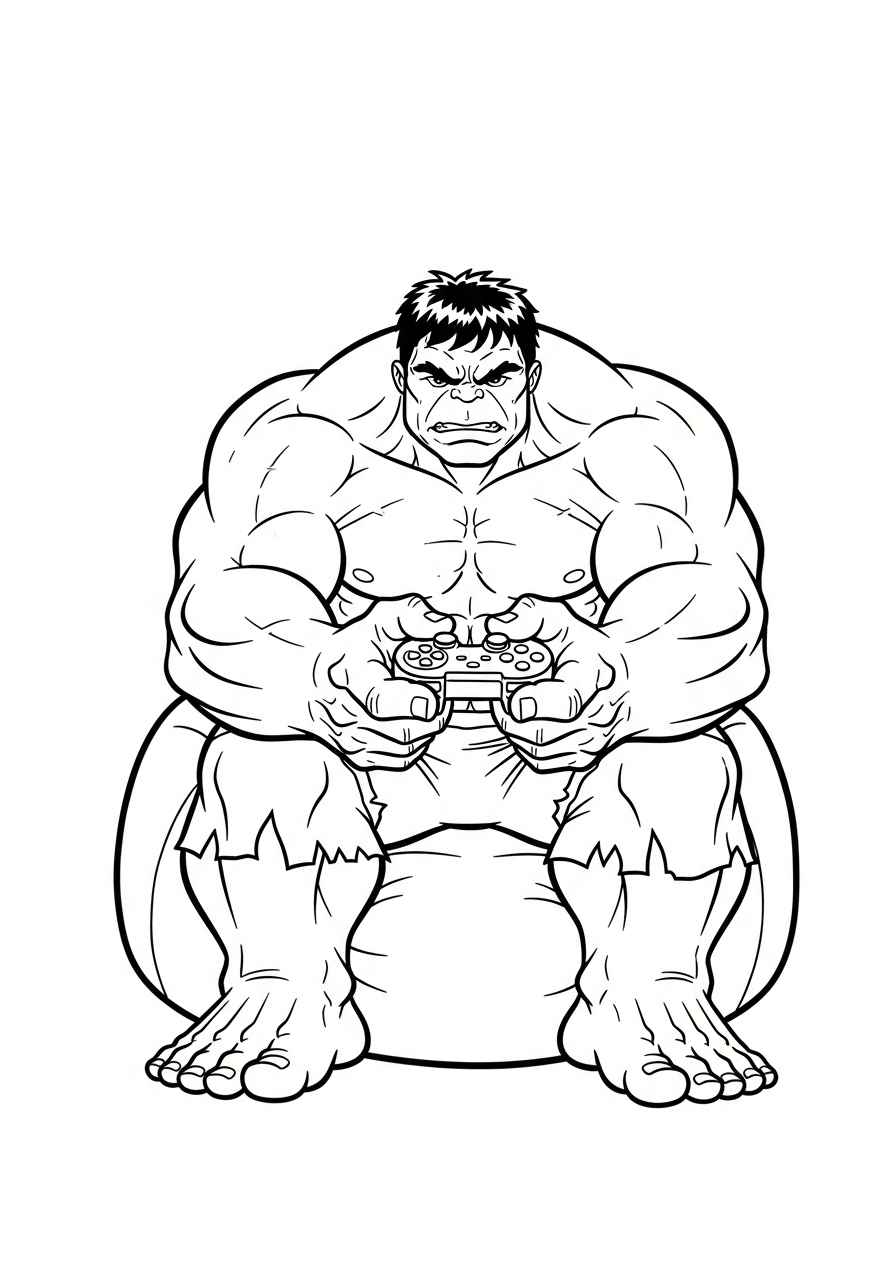 Gamer Hulk holding small controller coloring page