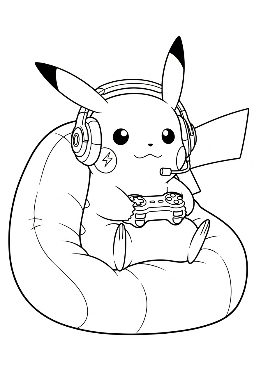 Pikachu Coloring Pages 13 Gamer Pikachu playing games coloring page