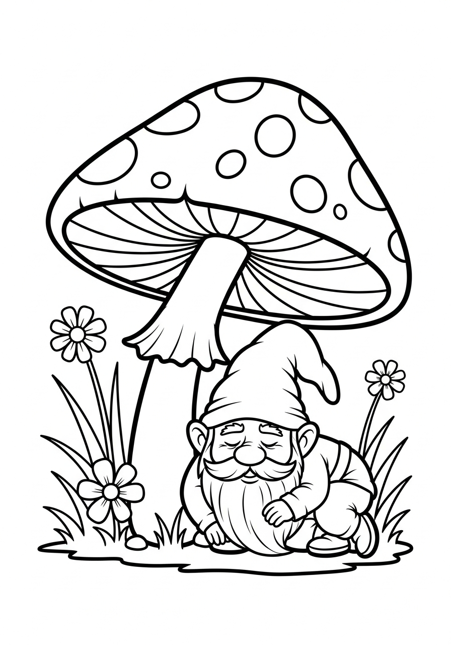Mushroom Coloring Pages 15 Garden gnome napping under giant mushroom coloring page