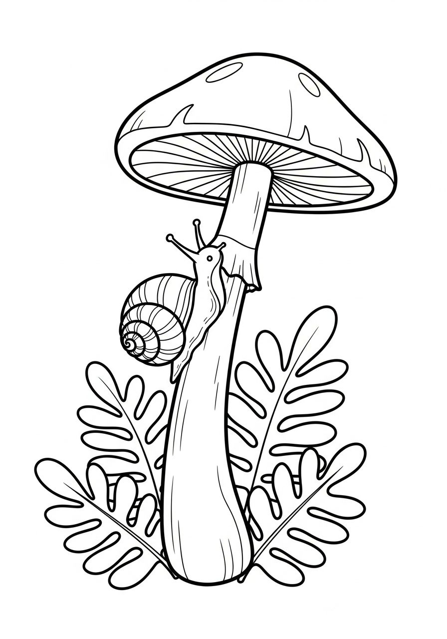 Mushroom Coloring Pages 16 Garden snail climbing up tall mushroom coloring page