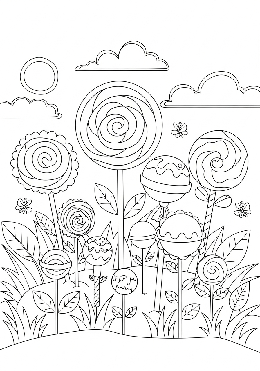 Lollipop Coloring Pages 17 Garden with flower shaped lollipop coloring page