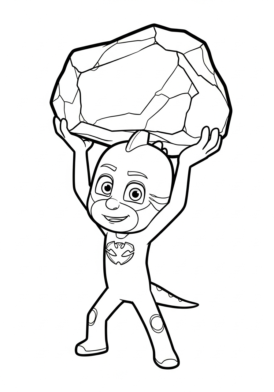 PJ Mask Coloring Pages 11 Gekko lifting heavy rock hero coloring page