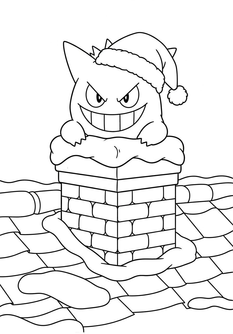 Pokemon Christmas Coloring Pages 8 Gengar in snowy chimney coloring page