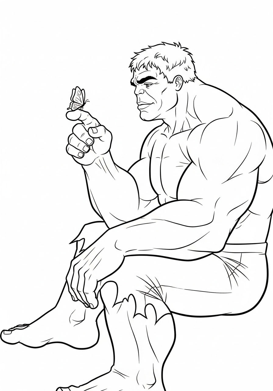 Gentle Hulk watching tiny butterfly coloring page