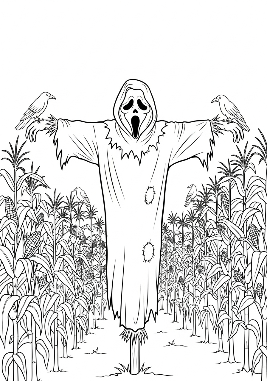 Ghostface as a cornfield scarecrow coloring page