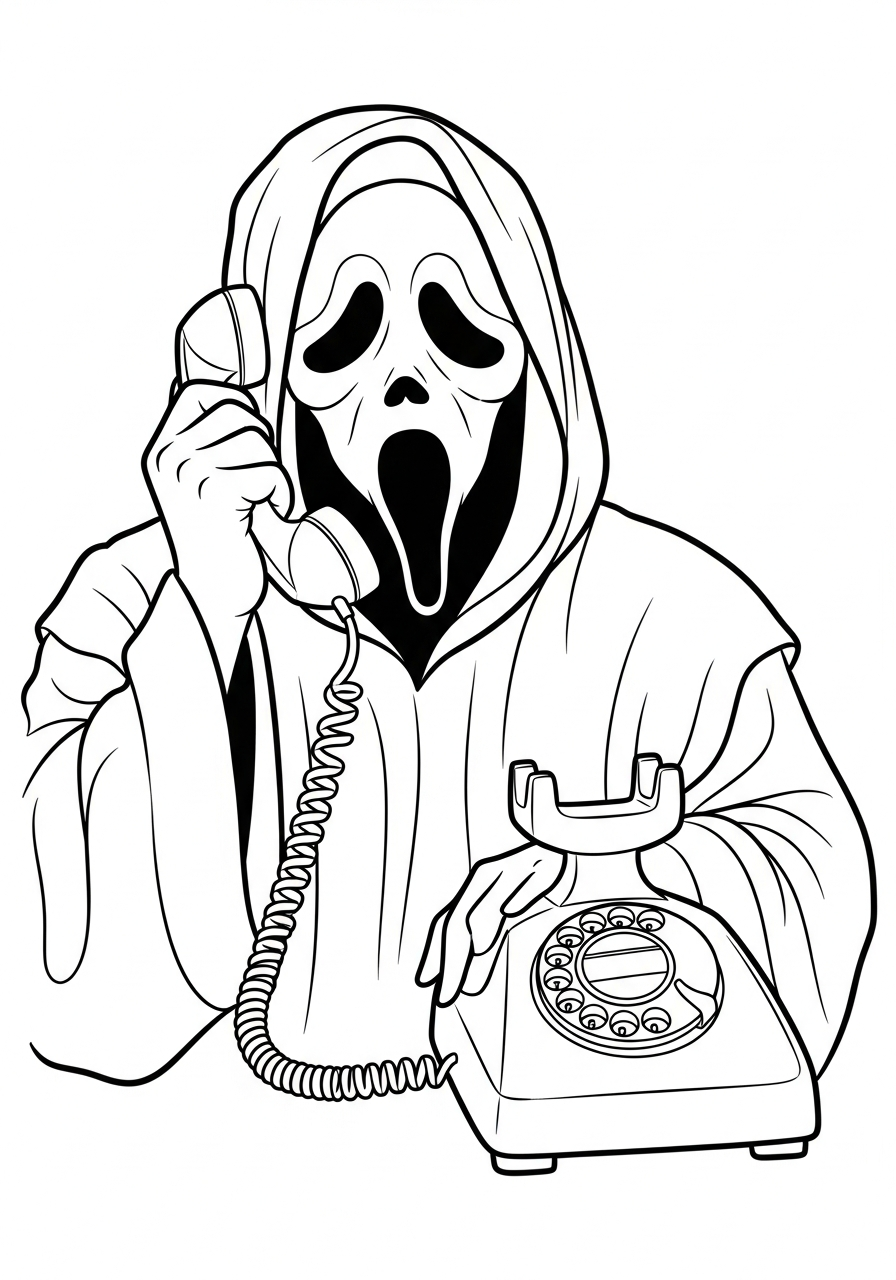 Ghostface calling on retro telephone coloring page