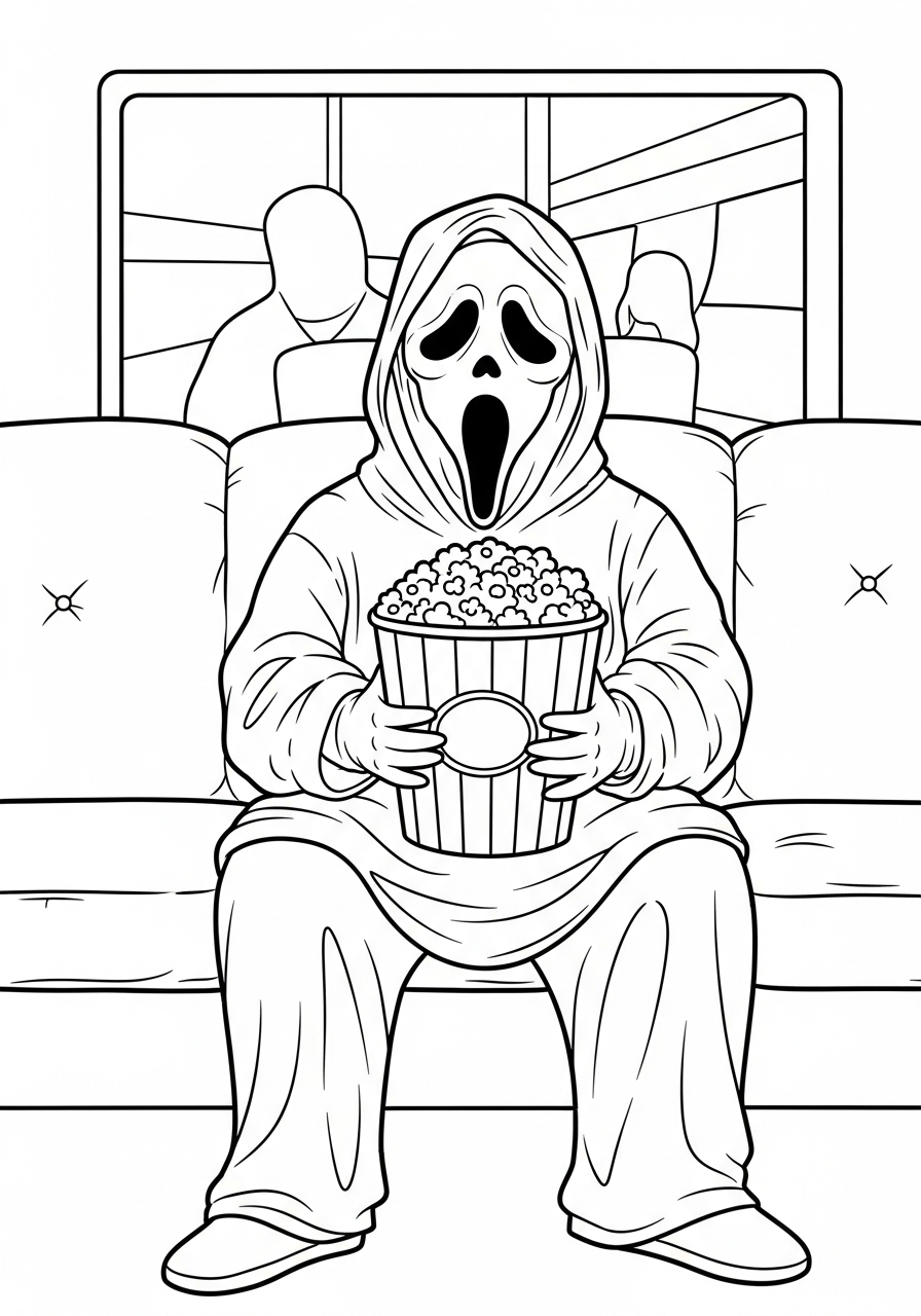Ghostface eating popcorn watching movie coloring page