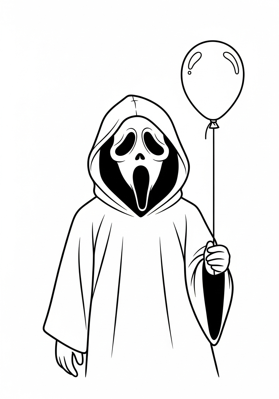 Ghostface holding a spooky balloon coloring page