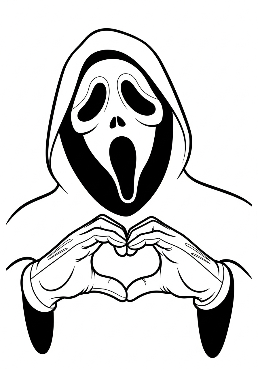 Ghostface making love heart hands coloring page