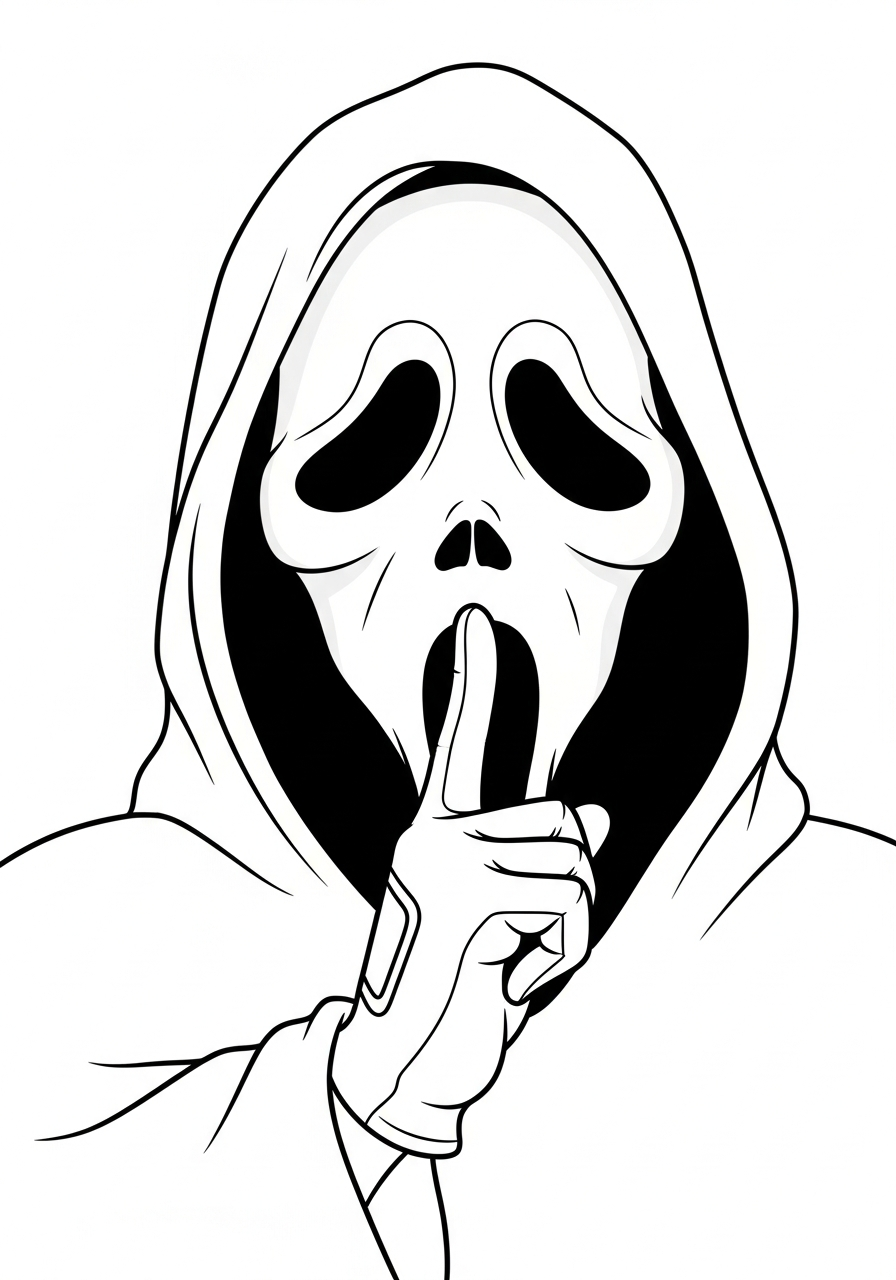Ghostface making quiet shhh gesture coloring page