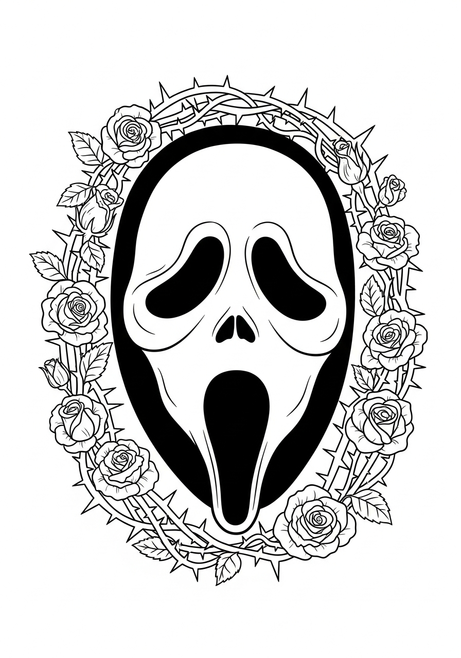 Ghostface mask with floral wreath coloring page