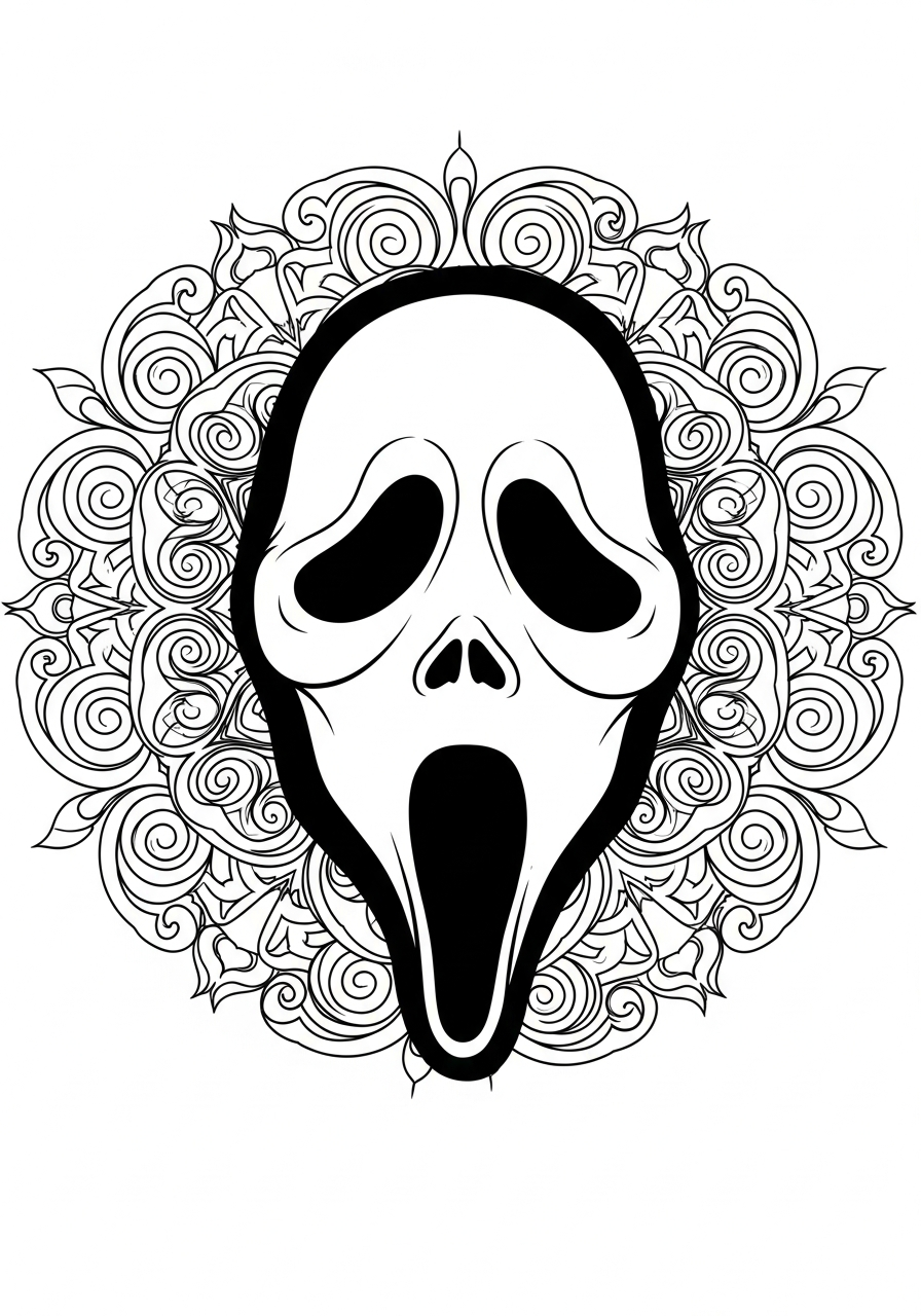 Ghostface mask with mandala pattern coloring page