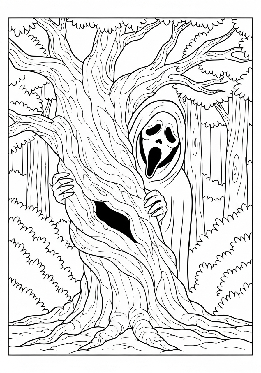 Ghostface peeking behind dark tree coloring page