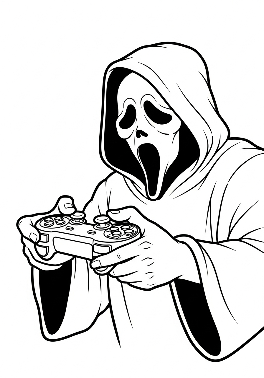 Ghostface playing video games controller coloring page