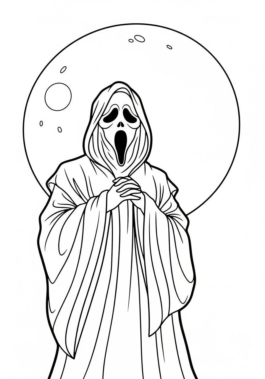 Ghostface silhouette under full moon coloring page