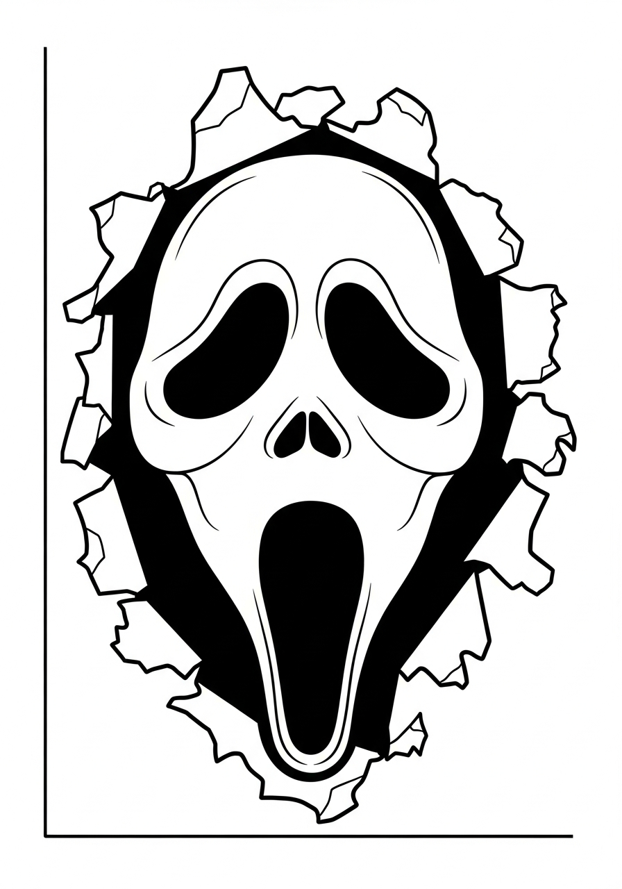 Ghostface tearing through paper background coloring page