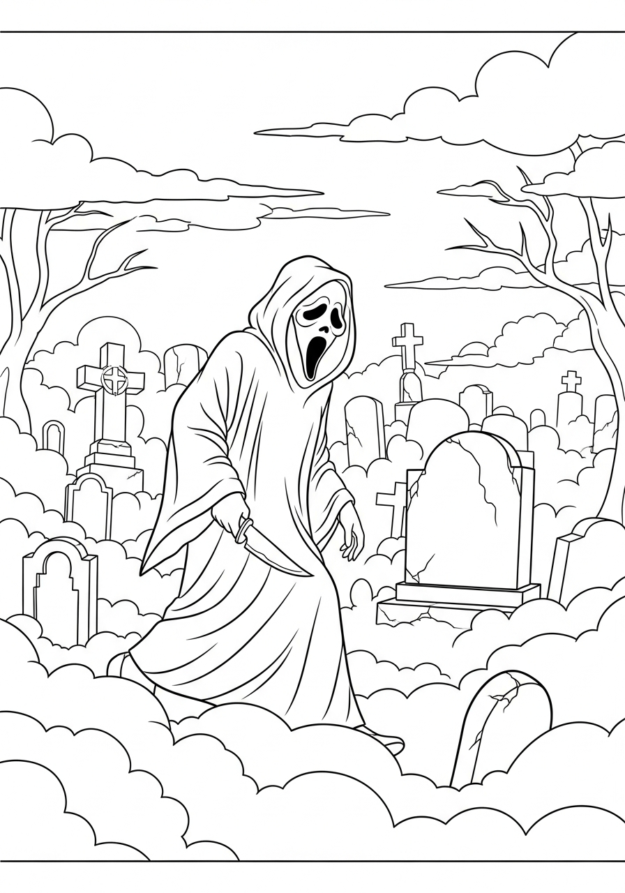 Ghostface walking in spooky graveyard coloring page