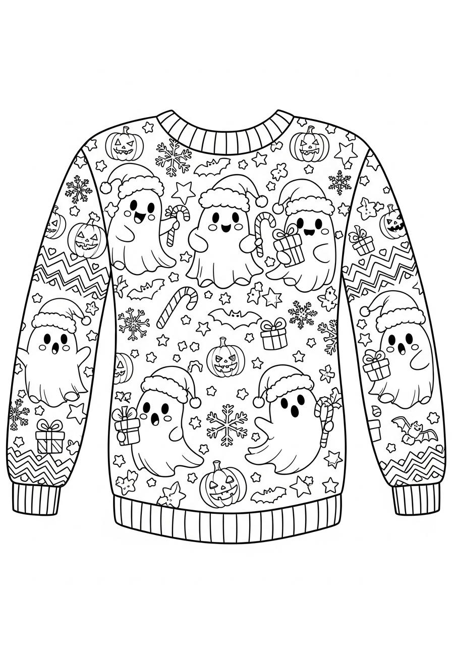 Ugly Christmas Sweater Coloring Pages 12 Ghostly cute ugly Christmas sweater coloring page