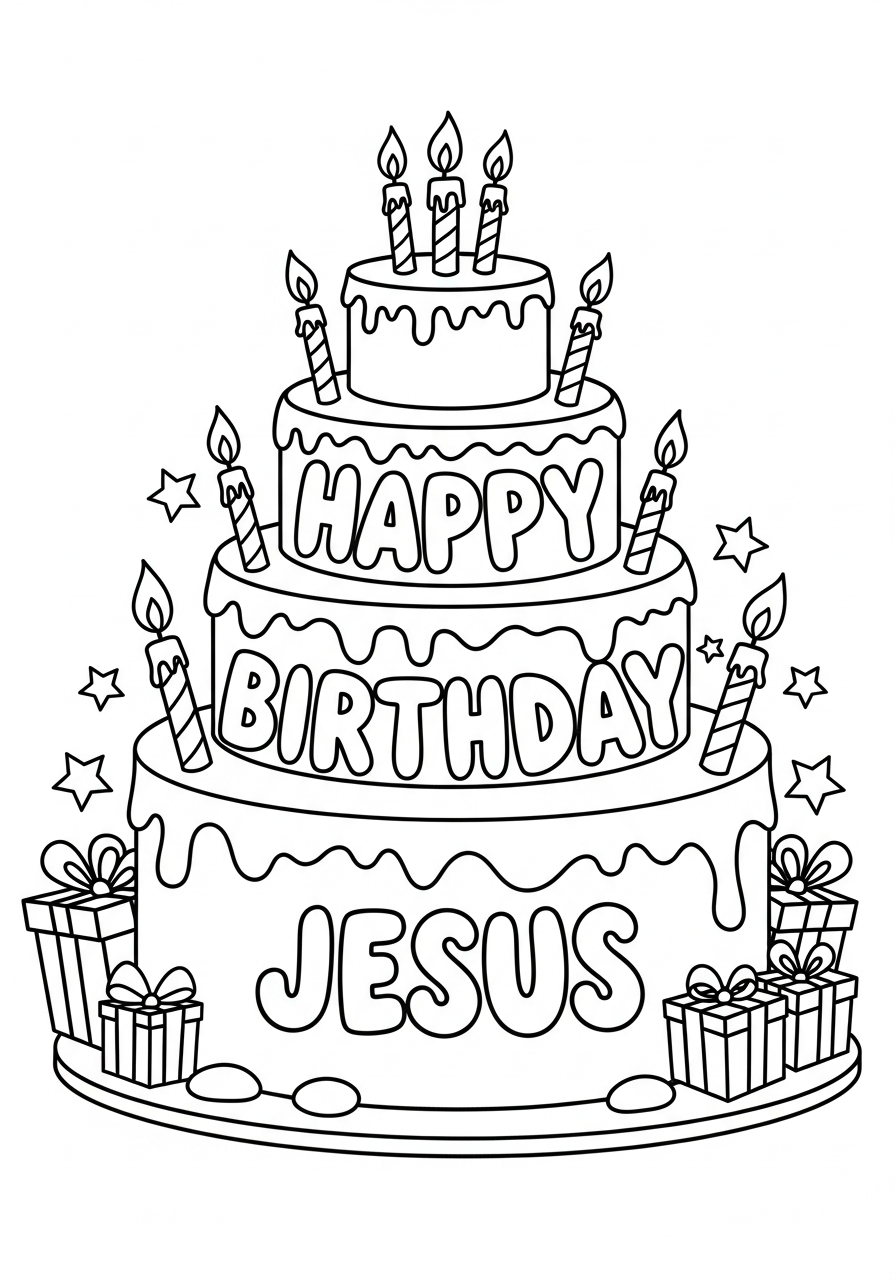 Giant cake with Jesus text coloring page