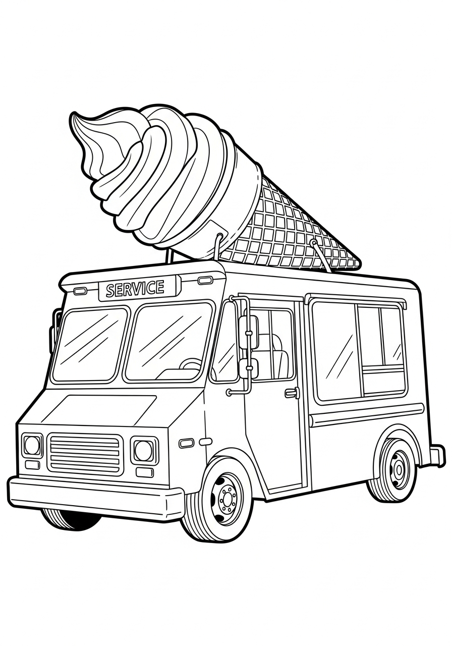 Giant cone roof ice cream truck coloring page