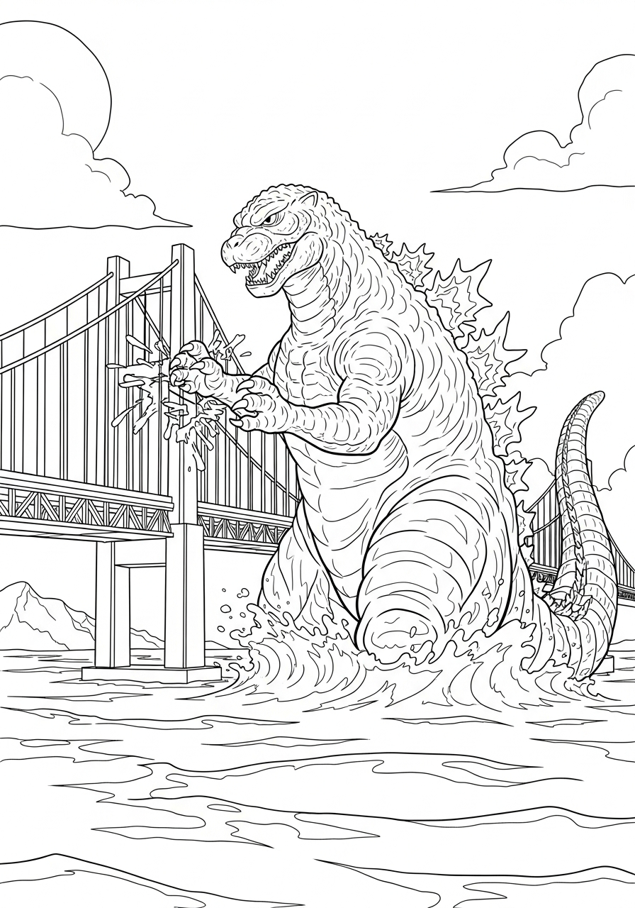 Giant monster destroying suspension bridge coloring page