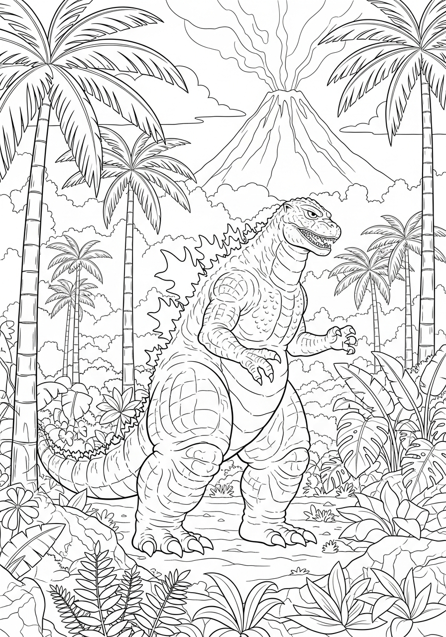 Giant monster walking in jungle coloring page