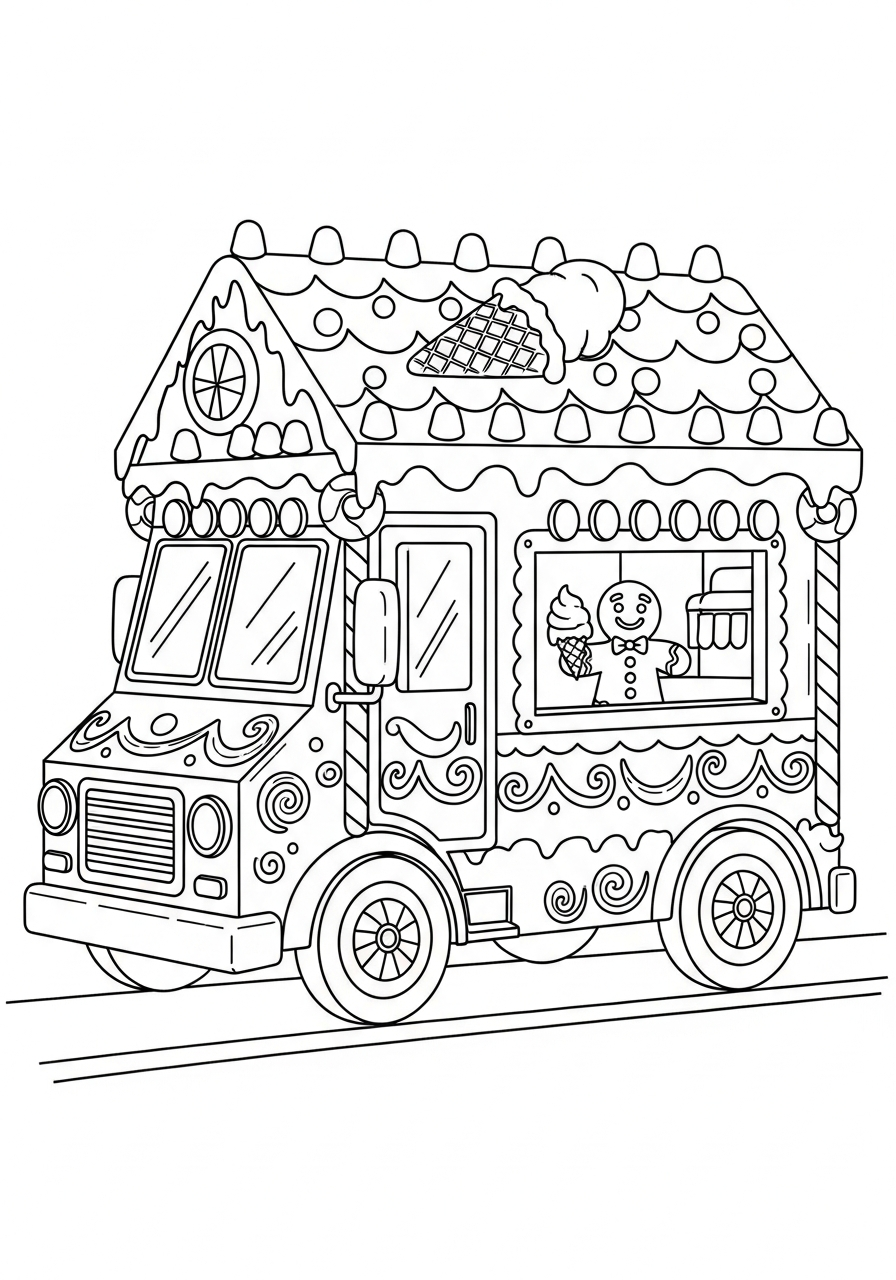 Gingerbread house style ice cream truck coloring page