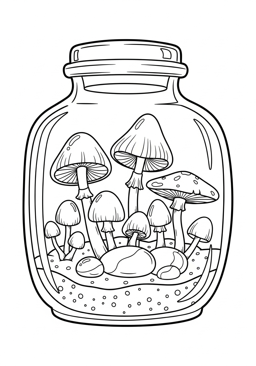 Mushroom Coloring Pages 17 Glass terrarium jar with tiny mushrooms coloring page