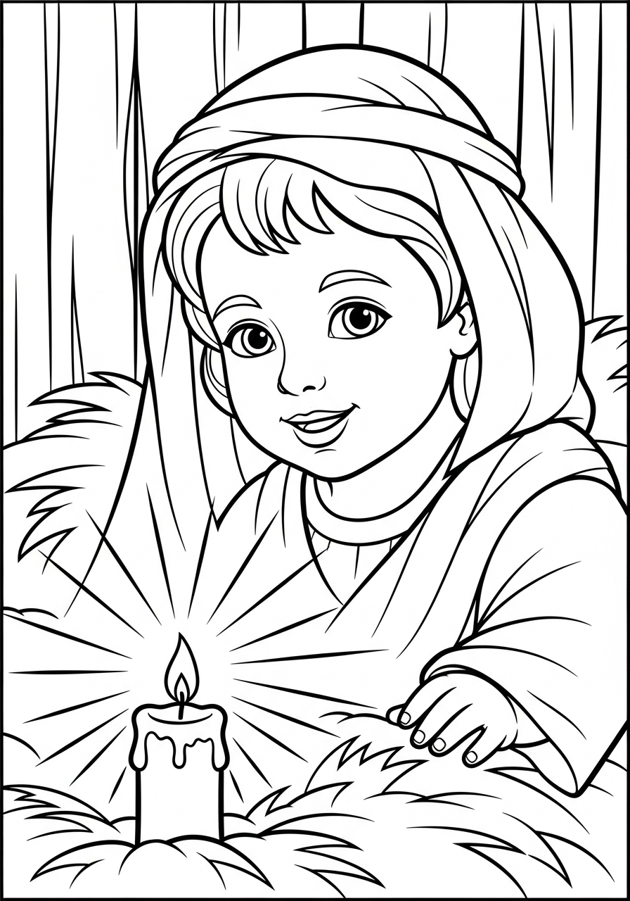 Glowing Baby Jesus candle light coloring page
