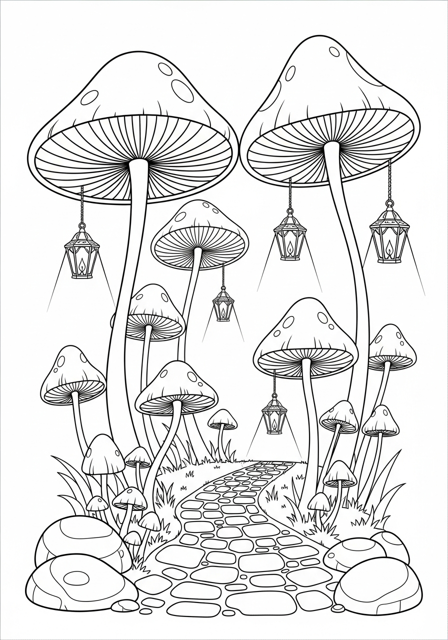 Mushroom Coloring Pages 18 Glowing lantern mushrooms lighting forest path coloring page