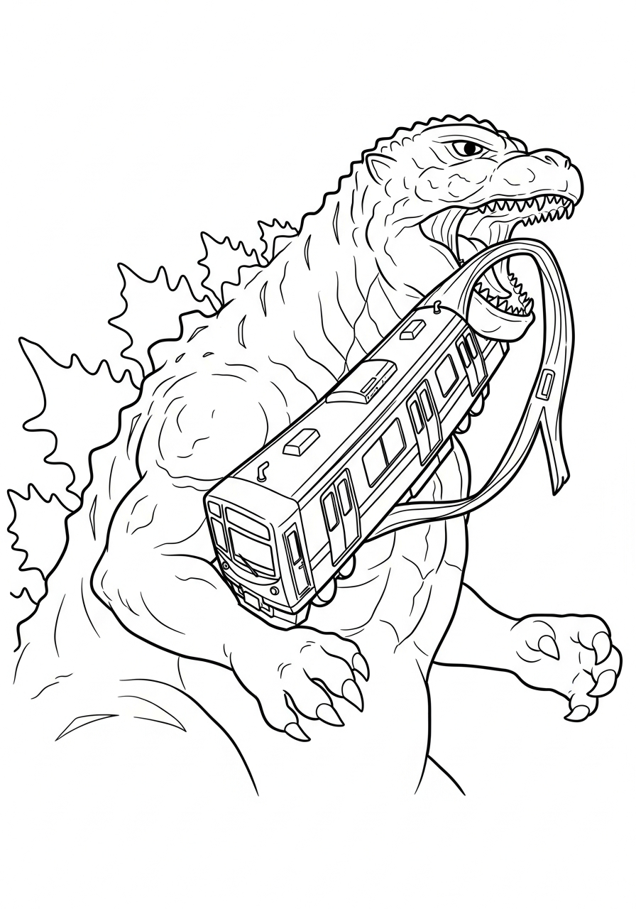 Godzilla biting a train car coloring page
