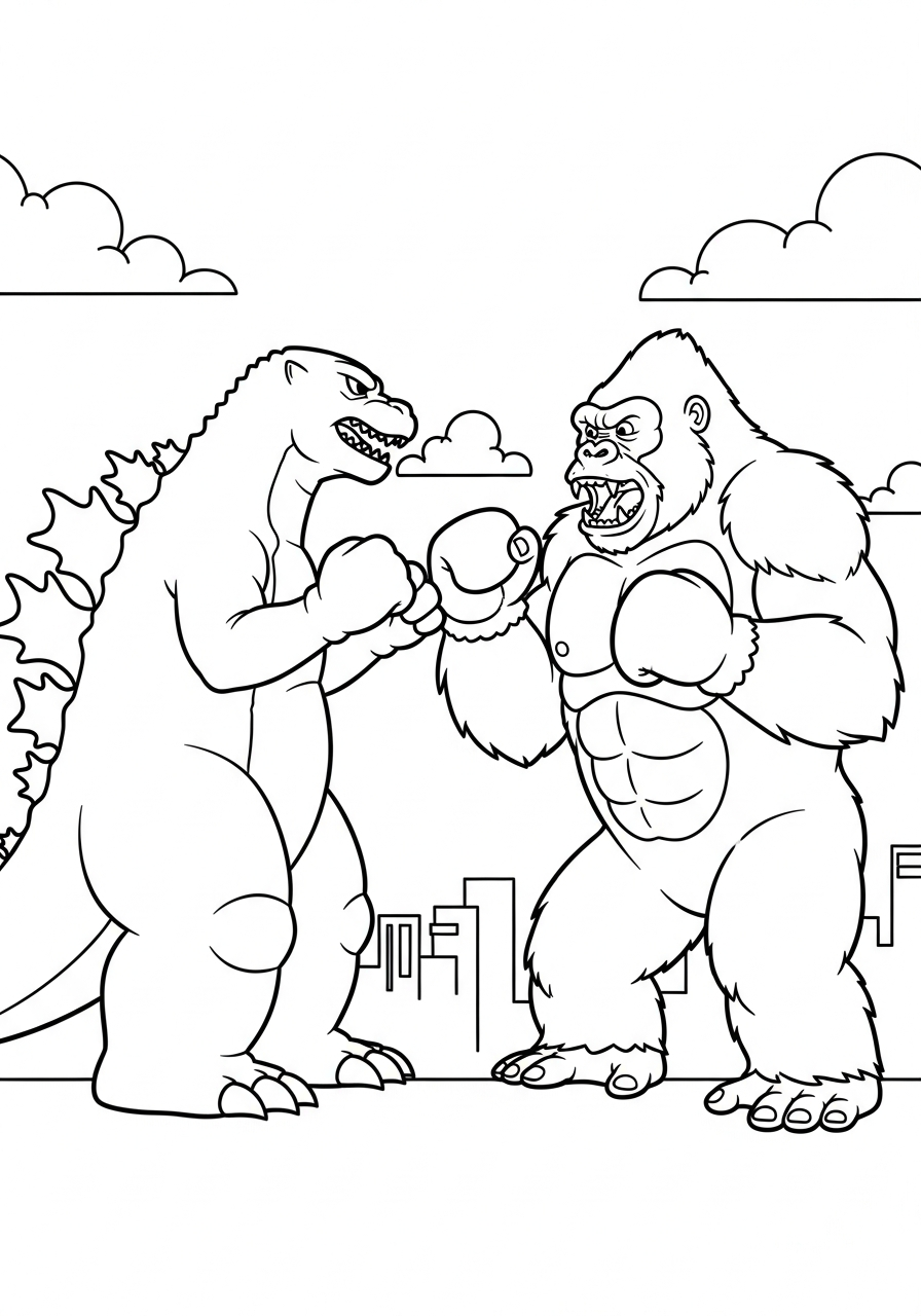 Godzilla boxing giant ape rival coloring page
