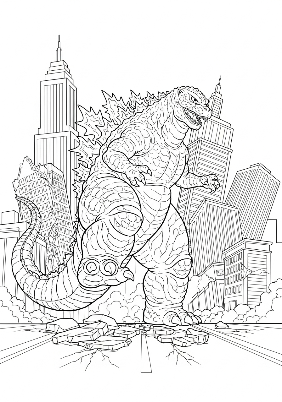 Godzilla crushing tall city buildings coloring page