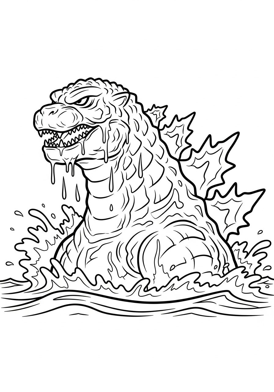 Godzilla emerging from deep ocean coloring page