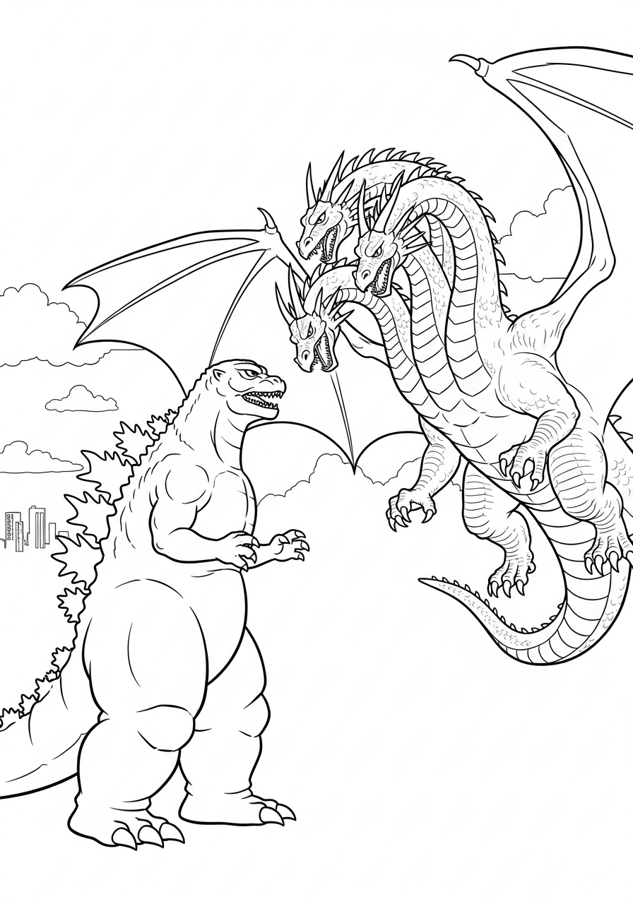 Godzilla fighting three headed dragon coloring page