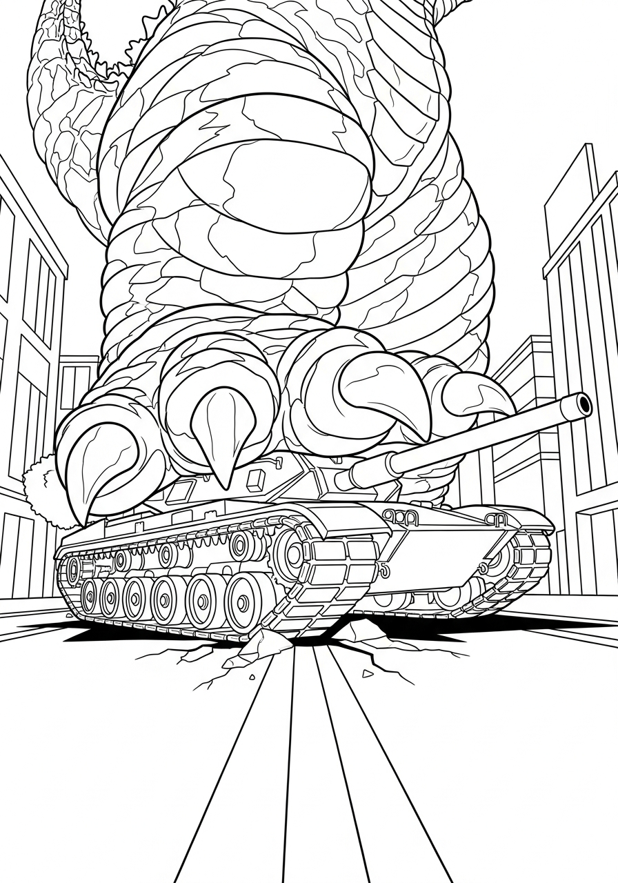 Godzilla foot stepping on tank coloring page