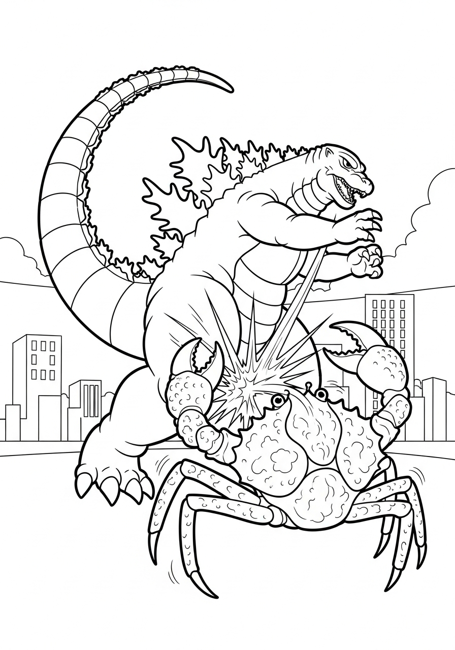 Godzilla hitting enemy with tail coloring page