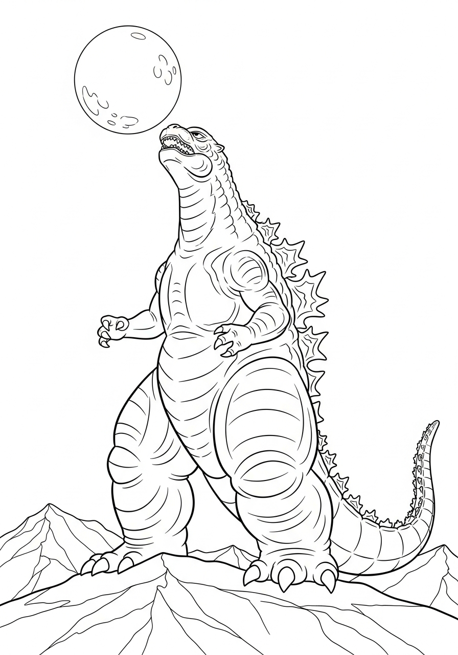 Godzilla standing on snowy mountain coloring page