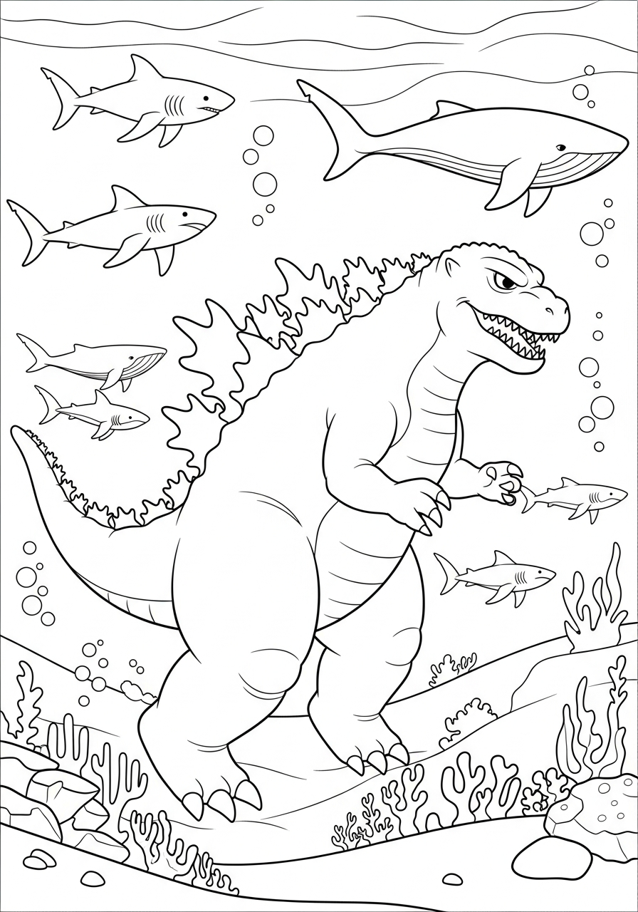 Godzilla swimming deep under water coloring page