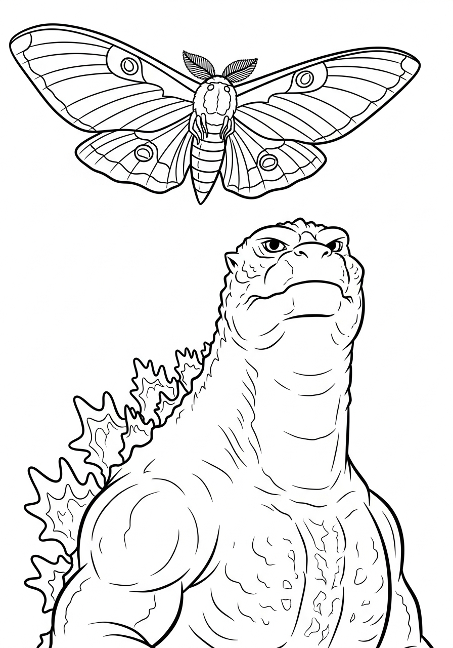 Godzilla watching giant moth fly coloring page