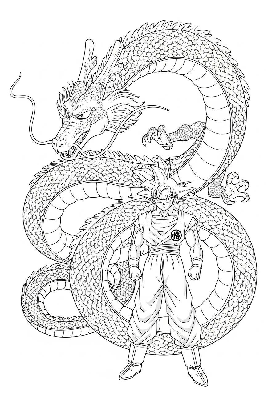 Goku Coloring Pages 15 Goku standing with dragon Shenron coloring page